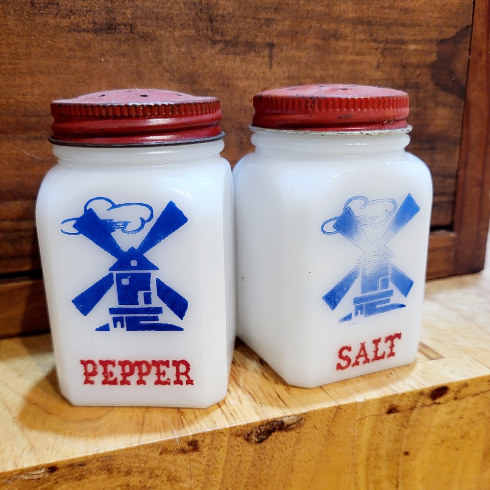 Vintage Milk Glass Windmill Salt & Pepper Shakers